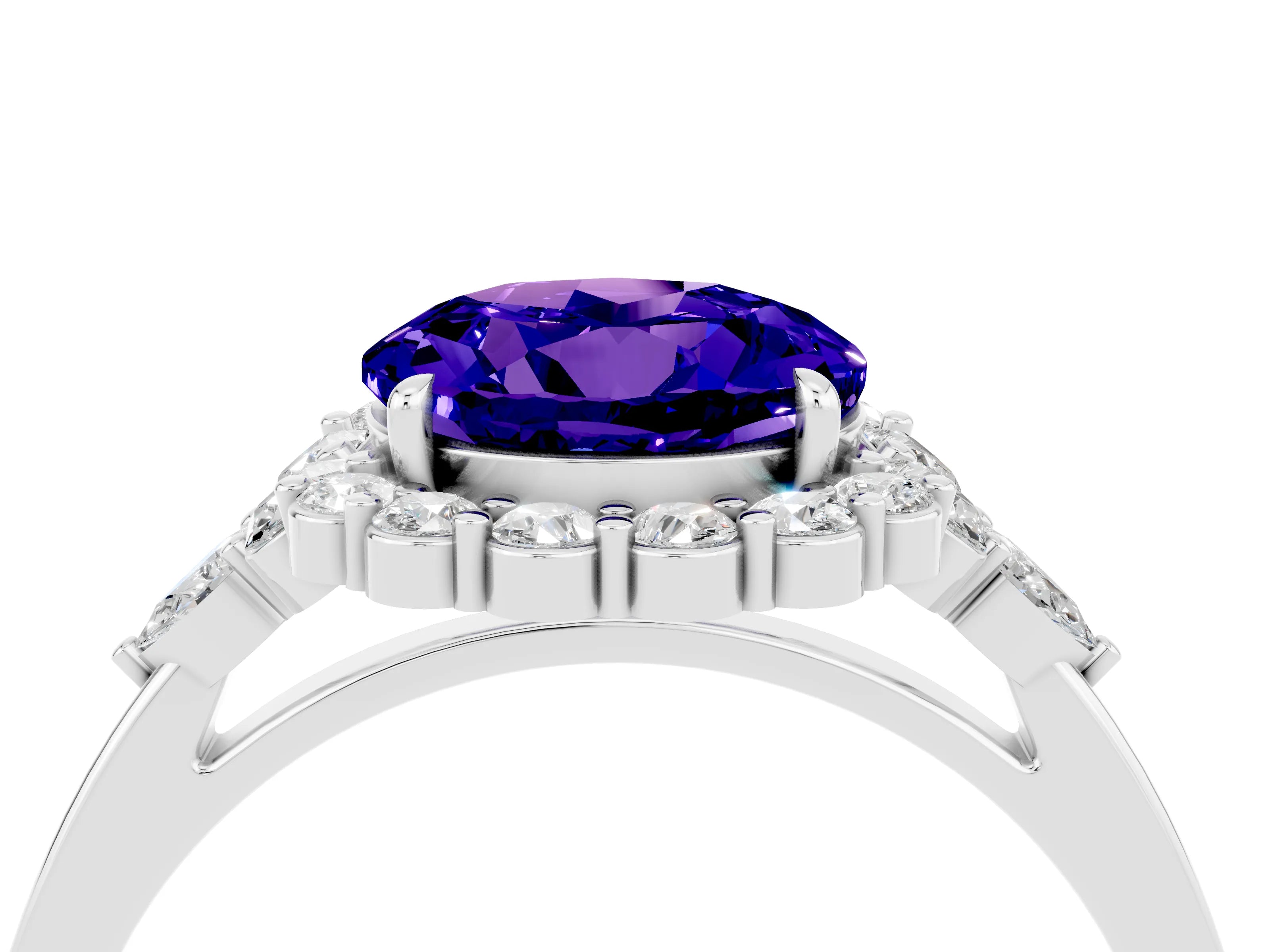 White gold Round Cut Tanzanite Halo Ring with Pear Side Stones and Prong Setting_28