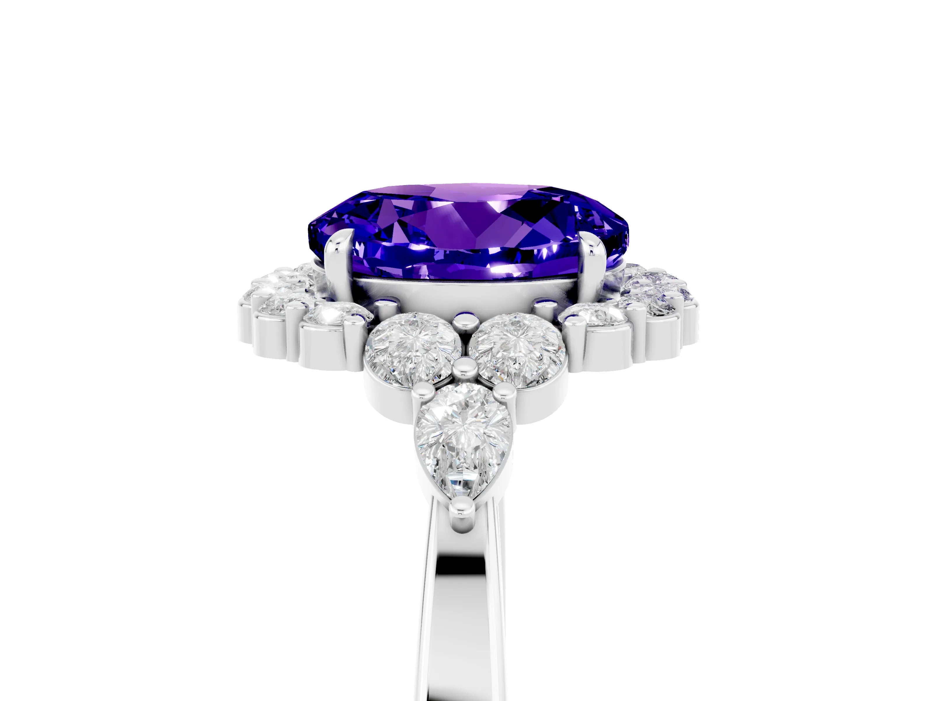 White gold Round Cut Tanzanite Halo Ring with Pear Side Stones and Prong Setting_29
