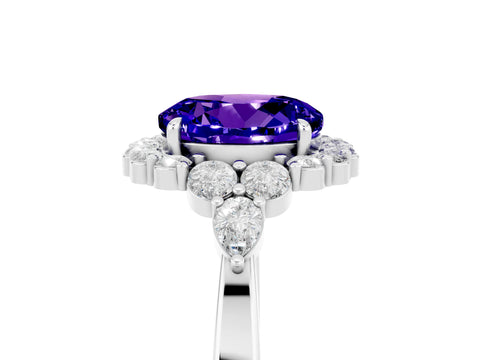 White gold Round Cut Tanzanite Halo Ring with Pear Side Stones and Prong Setting_29