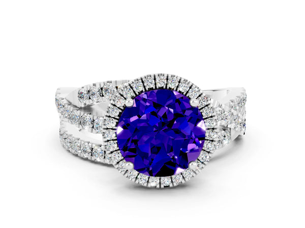 Platinum Round Cut Tanzanite Halo Ring with Round Split Shank and Prong Setting