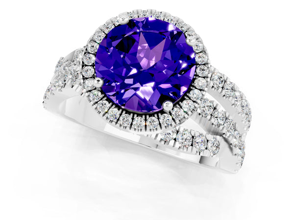White gold Round Cut Tanzanite Halo Ring with Round Split Shank and Prong Setting