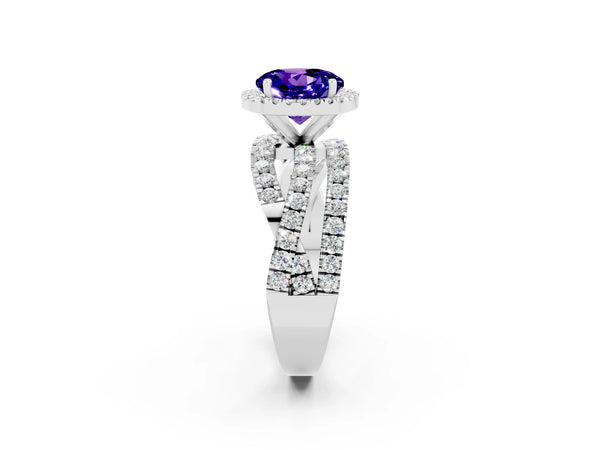 Platinum Round Cut Tanzanite Halo Ring with Round Split Shank and Prong Setting
