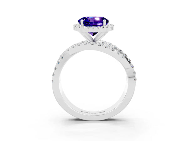 Platinum Round Cut Tanzanite Halo Ring with Round Split Shank and Prong Setting