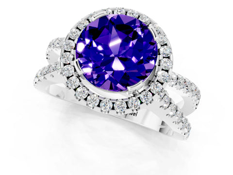 White gold Round Cut Tanzanite Halo Ring with Split Shank Pavé Band and Prong Setting_1