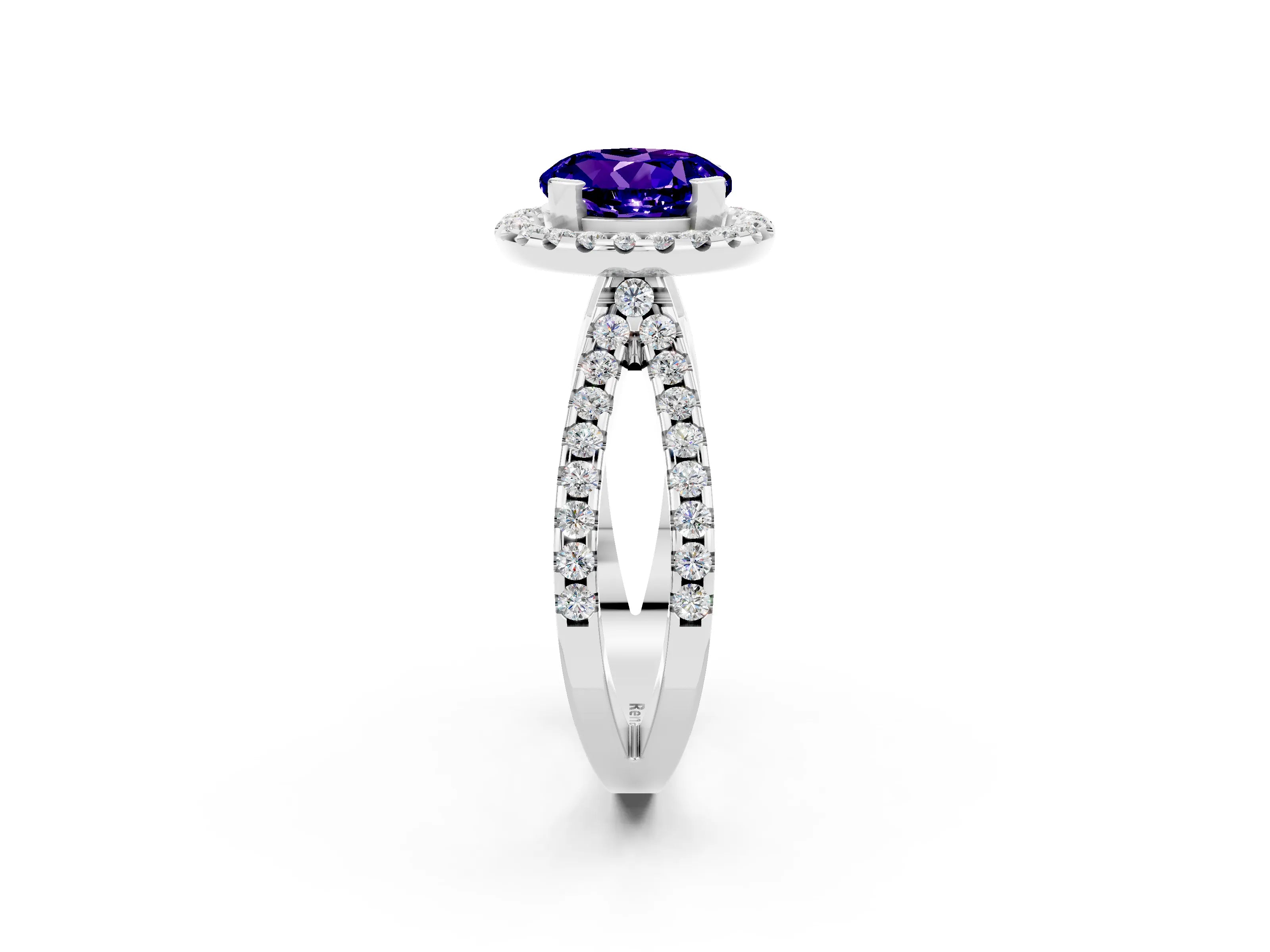 White gold Round Cut Tanzanite Halo Ring with Split Shank Pavé Band and Prong Setting_2