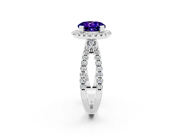Platinum Round Cut Tanzanite Halo Ring with Split Shank Pavé Band and Prong Setting