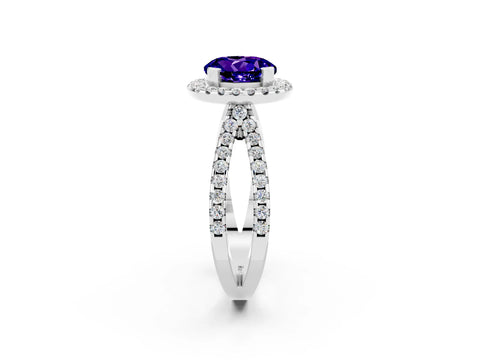 White gold Round Cut Tanzanite Halo Ring with Split Shank Pavé Band and Prong Setting_2