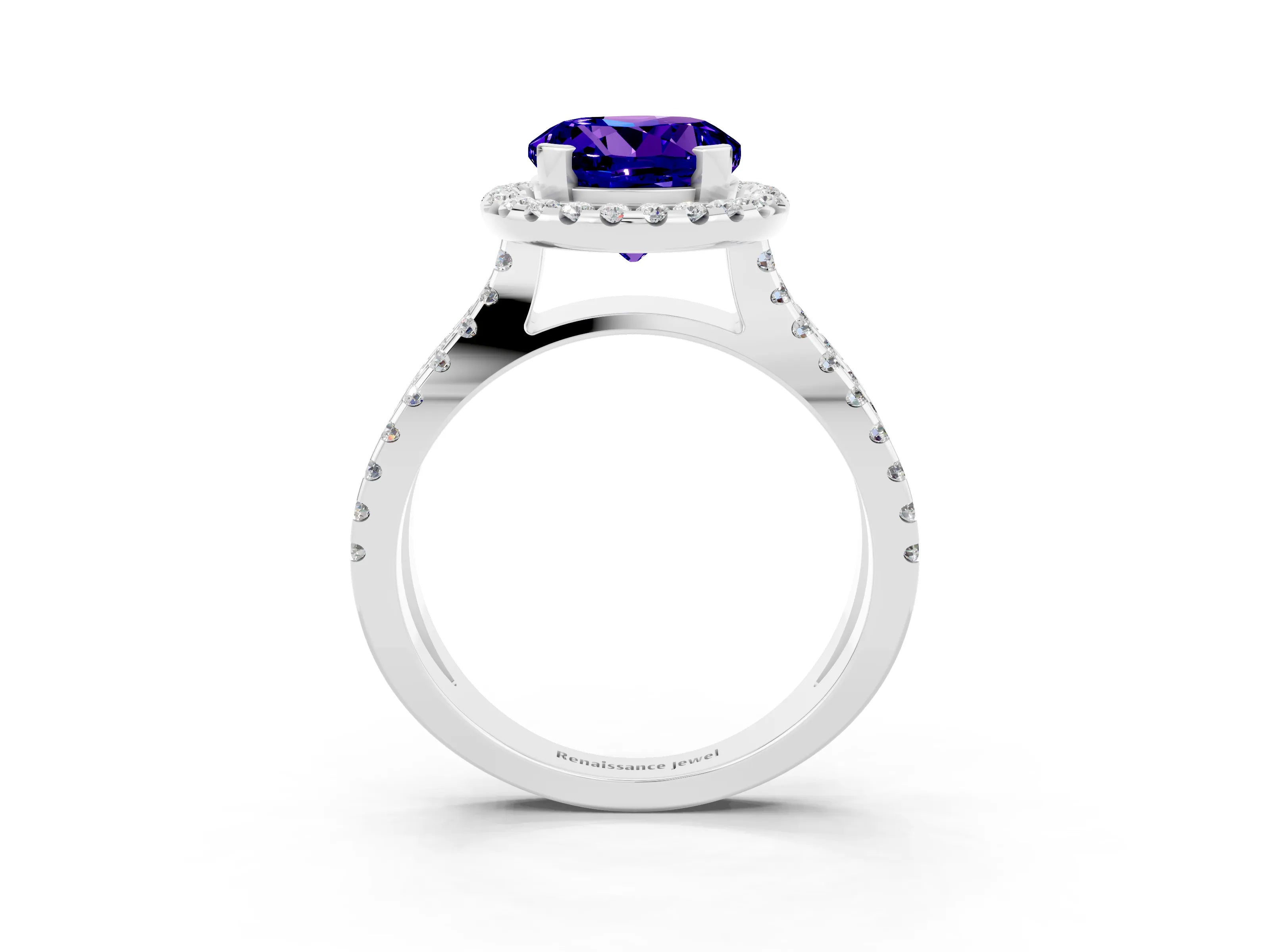 White gold Round Cut Tanzanite Halo Ring with Split Shank Pavé Band and Prong Setting_3