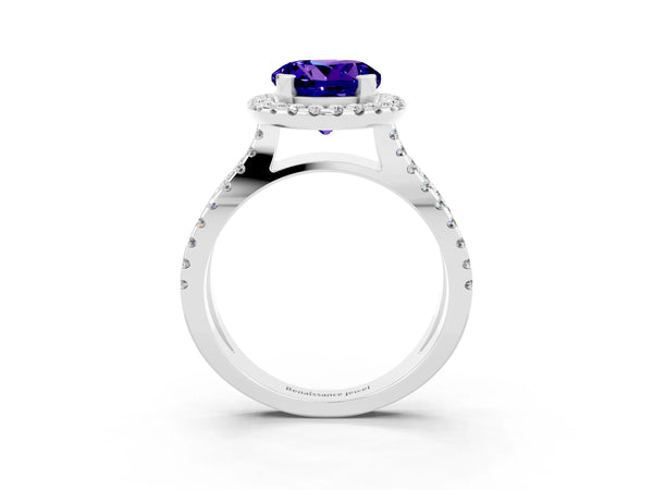 Silver Round Cut Tanzanite Halo Ring with Split Shank Pavé Band and Prong Setting