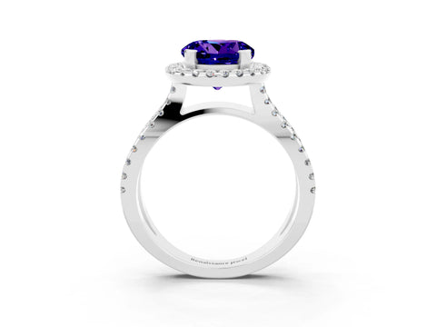 White gold Round Cut Tanzanite Halo Ring with Split Shank Pavé Band and Prong Setting_3