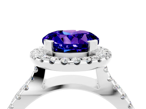 White gold Round Cut Tanzanite Halo Ring with Split Shank Pavé Band and Prong Setting_4