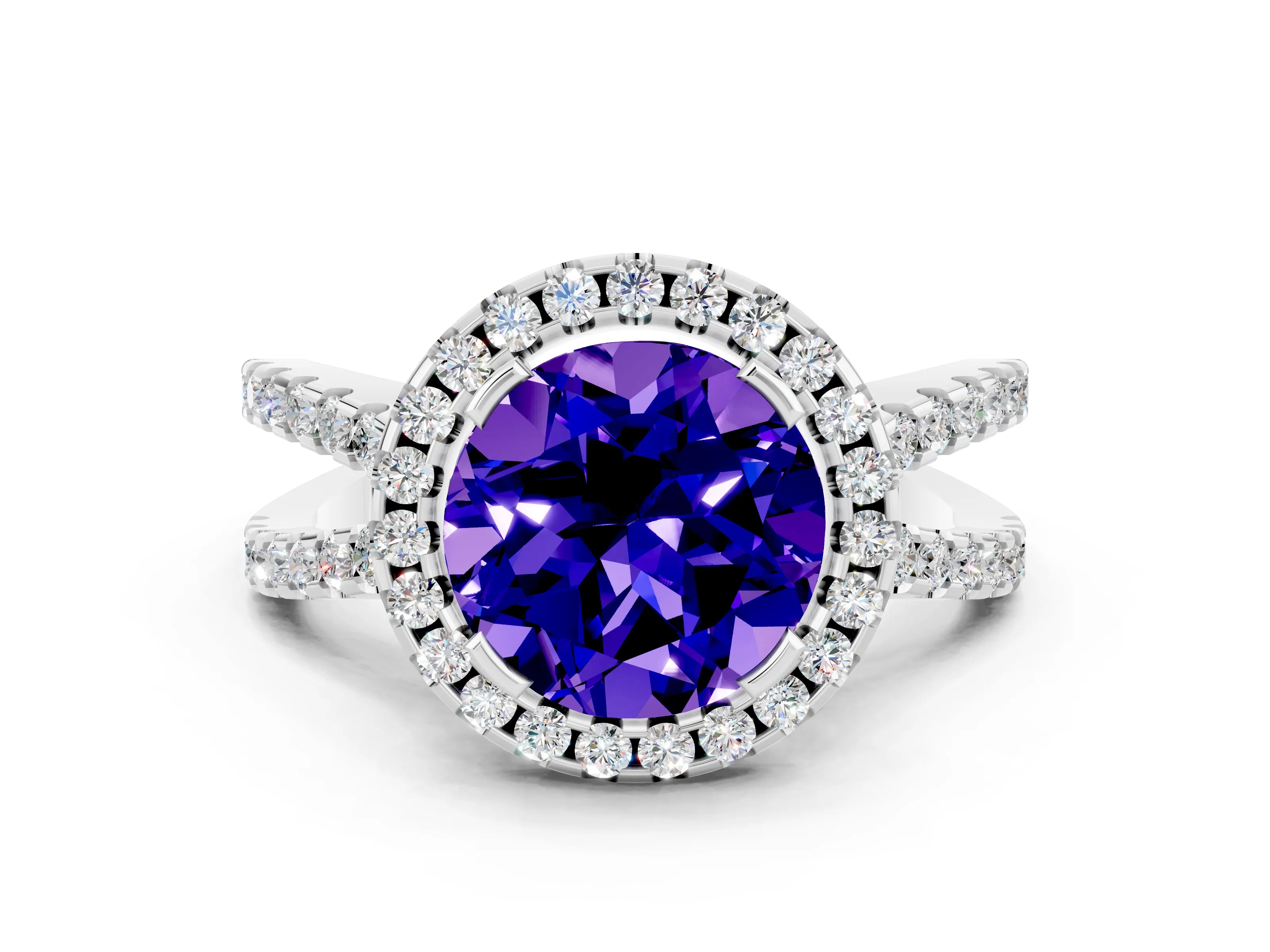 White gold Round Cut Tanzanite Halo Ring with Split Shank Pavé Band and Prong Setting