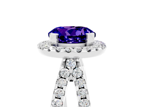White gold Round Cut Tanzanite Halo Ring with Split Shank Pavé Band and Prong Setting_5