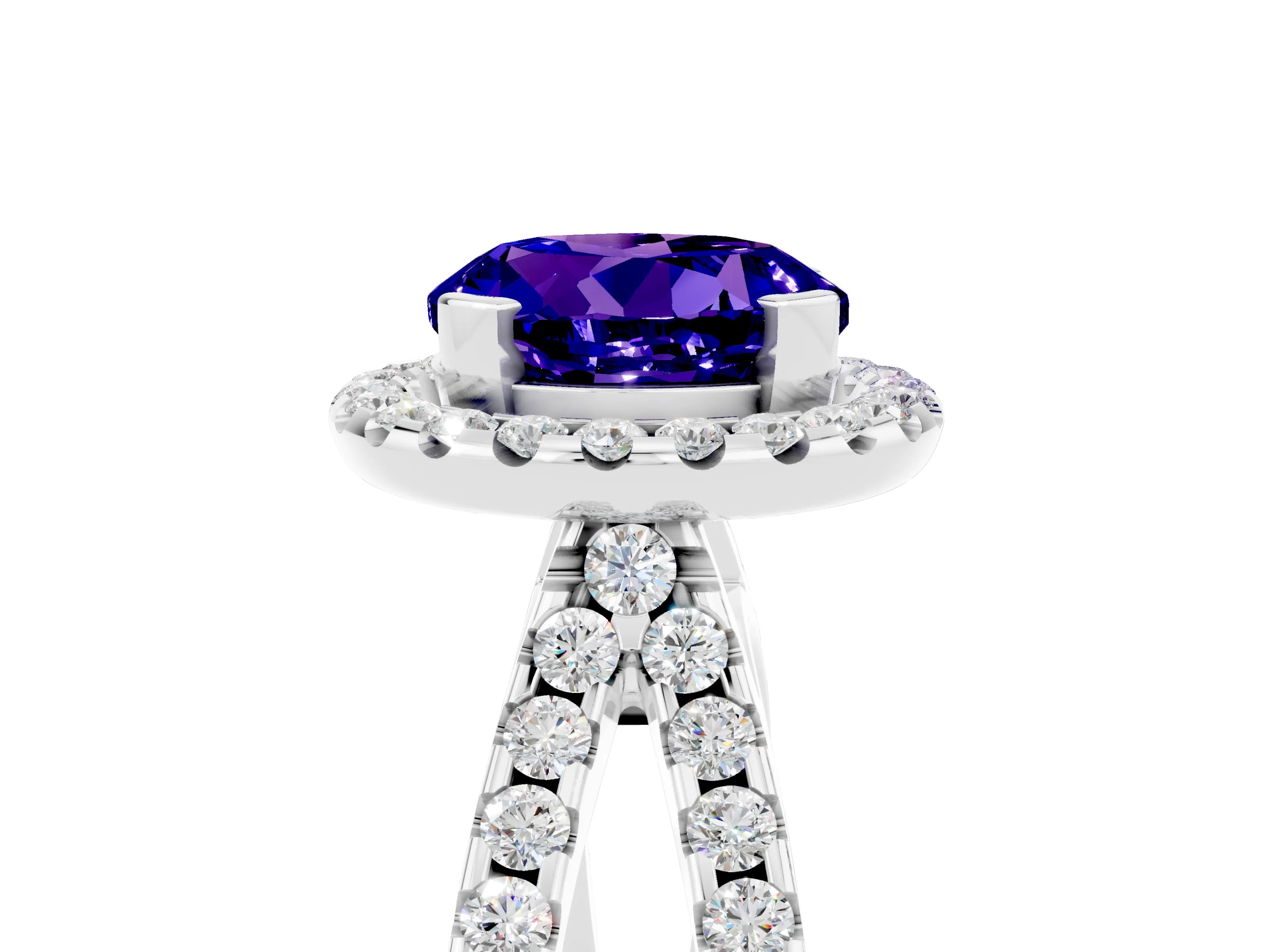White gold Round Cut Tanzanite Halo Ring with Split Shank Pavé Band and Prong Setting_5