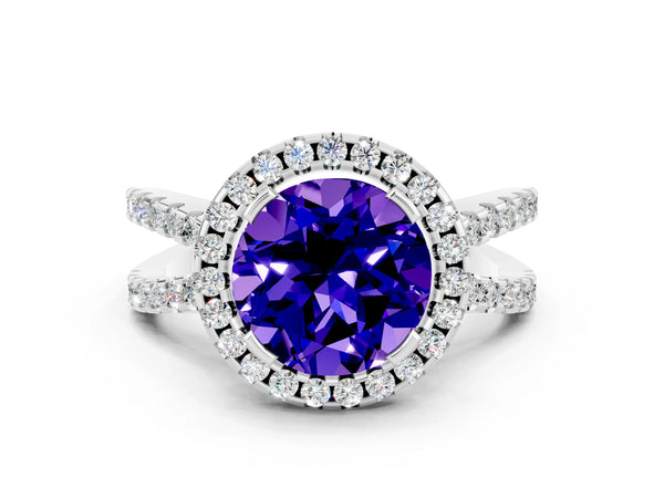 Silver Round Cut Tanzanite Halo Ring with Split Shank Pavé Band and Prong Setting