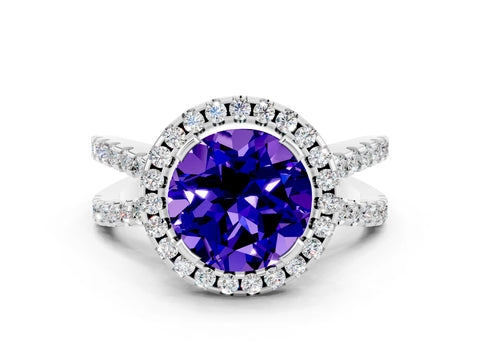 White gold Round Cut Tanzanite Halo Ring with Split Shank Pavé Band and Prong Setting