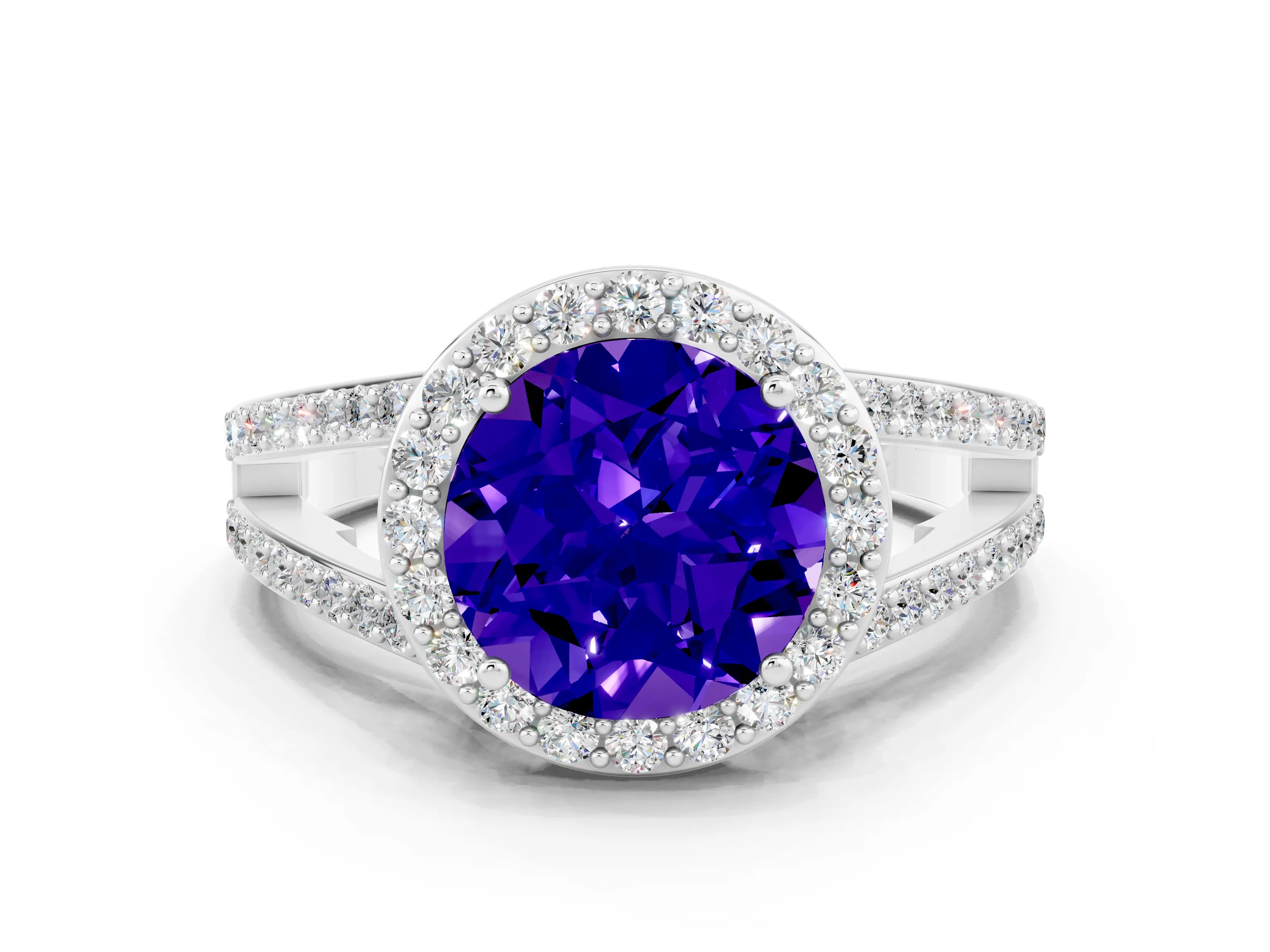 White gold Round Cut Tanzanite Halo Ring with Split Shank U-Prong Band and Four-Prong Setting
