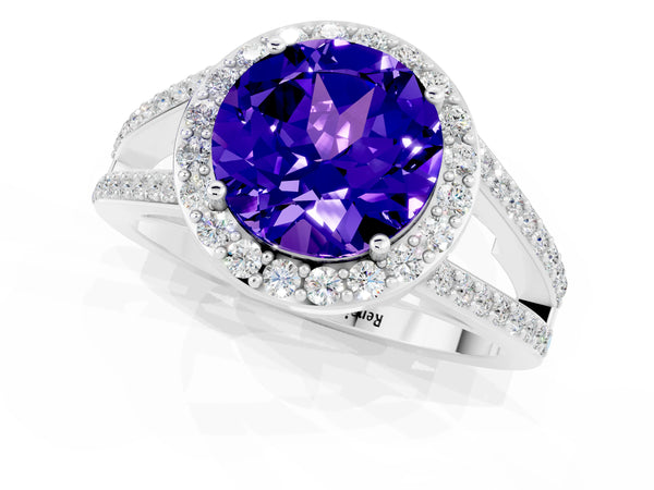 Platinum Round Cut Tanzanite Halo Ring with Split Shank U-Prong Band and Four-Prong Setting