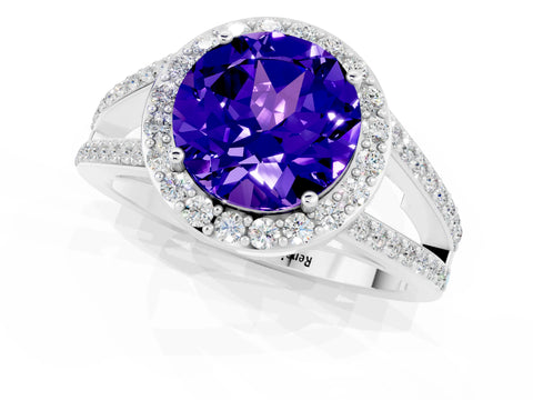 White gold Round Cut Tanzanite Halo Ring with Split Shank U-Prong Band and Four-Prong Setting_1