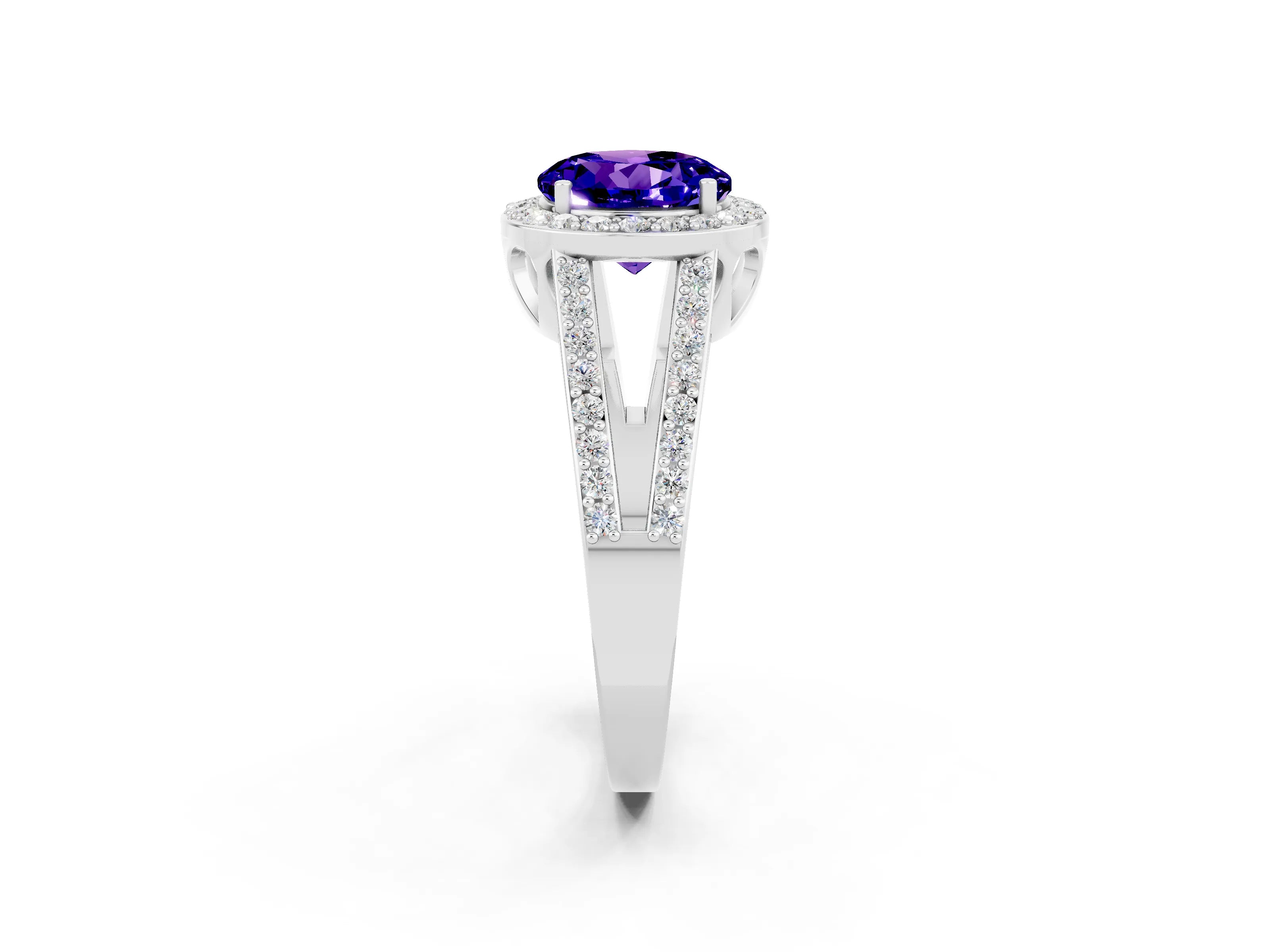 White gold Round Cut Tanzanite Halo Ring with Split Shank U-Prong Band and Four-Prong Setting_2