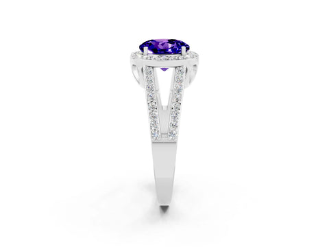 White gold Round Cut Tanzanite Halo Ring with Split Shank U-Prong Band and Four-Prong Setting_2