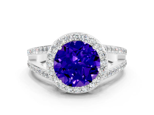 Silver Round Cut Tanzanite Halo Ring with Split Shank U-Prong Band and Four-Prong Setting