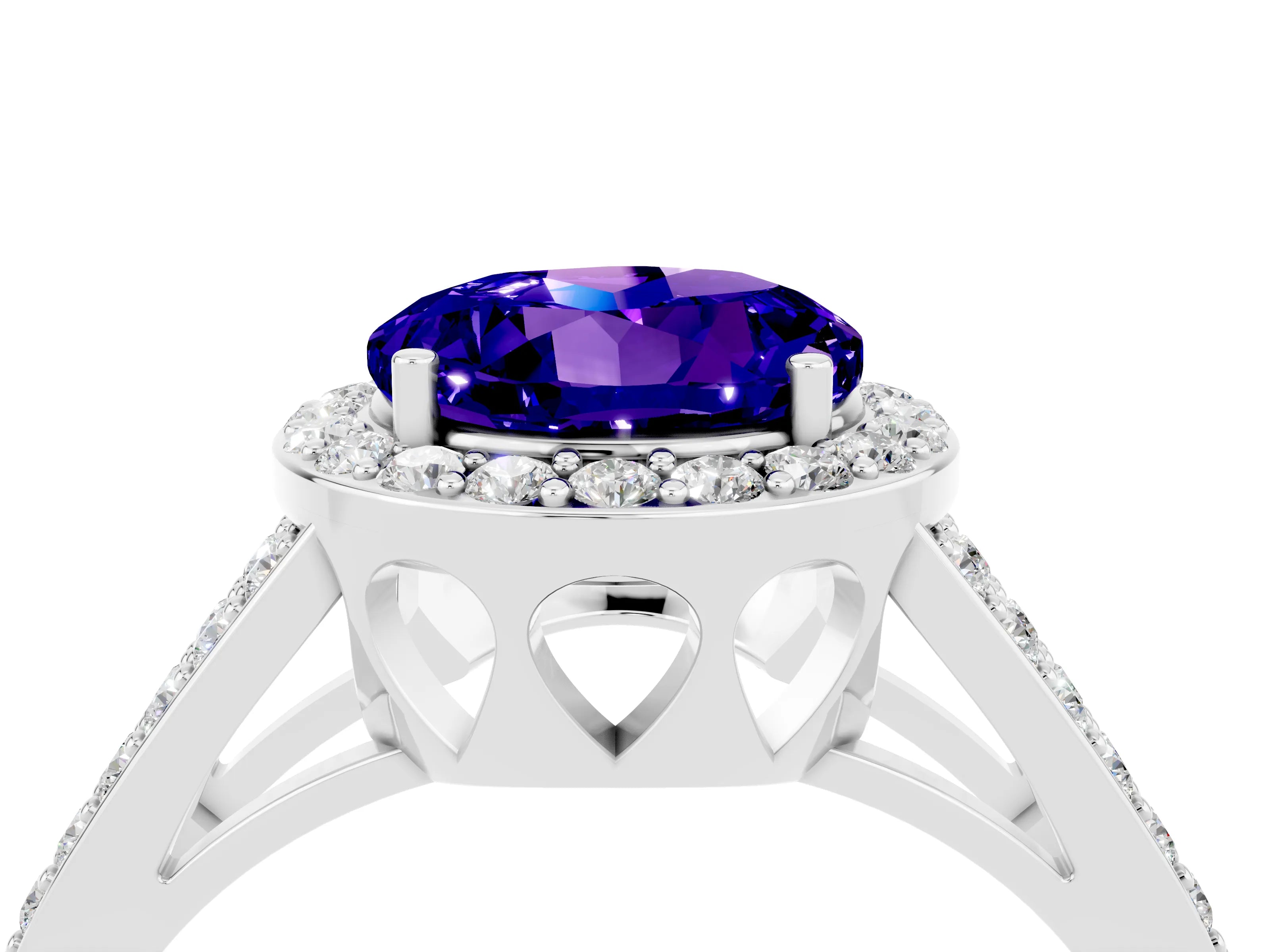 White gold Round Cut Tanzanite Halo Ring with Split Shank U-Prong Band and Four-Prong Setting_4