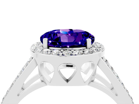 White gold Round Cut Tanzanite Halo Ring with Split Shank U-Prong Band and Four-Prong Setting_4