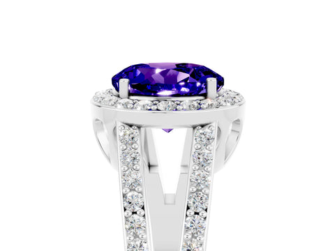 White gold Round Cut Tanzanite Halo Ring with Split Shank U-Prong Band and Four-Prong Setting_5
