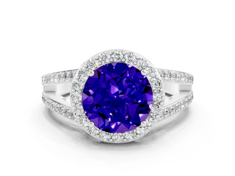 White gold Round Cut Tanzanite Halo Ring with Split Shank U-Prong Band and Four-Prong Setting