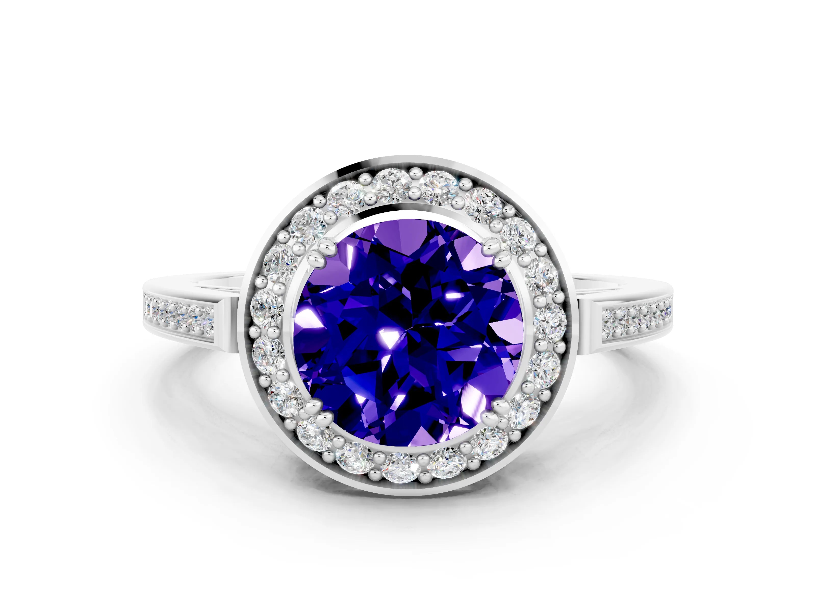 White gold Round Cut Tanzanite Halo Ring with Split Shank and Four-Prong Setting