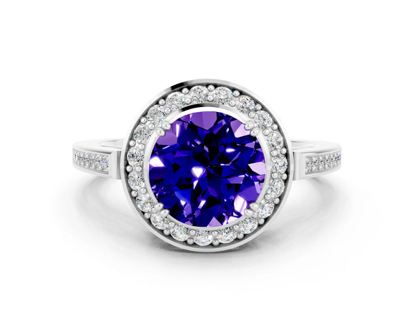 White gold Round Cut Tanzanite Halo Ring with Split Shank and Four-Prong Setting