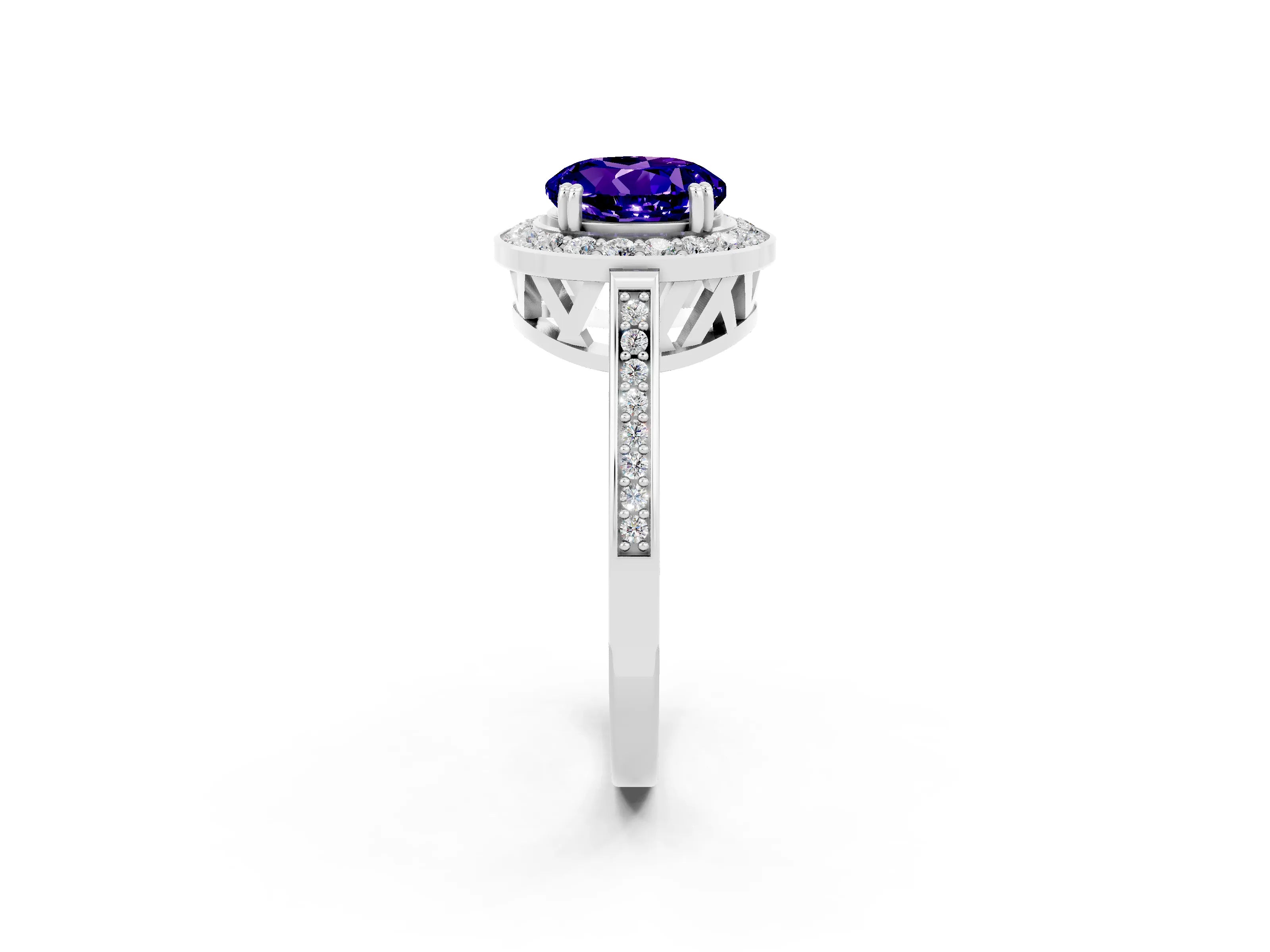 White gold Round Cut Tanzanite Halo Ring with Split Shank and Four-Prong Setting_14