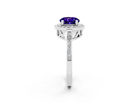 White gold Round Cut Tanzanite Halo Ring with Split Shank and Four-Prong Setting_14
