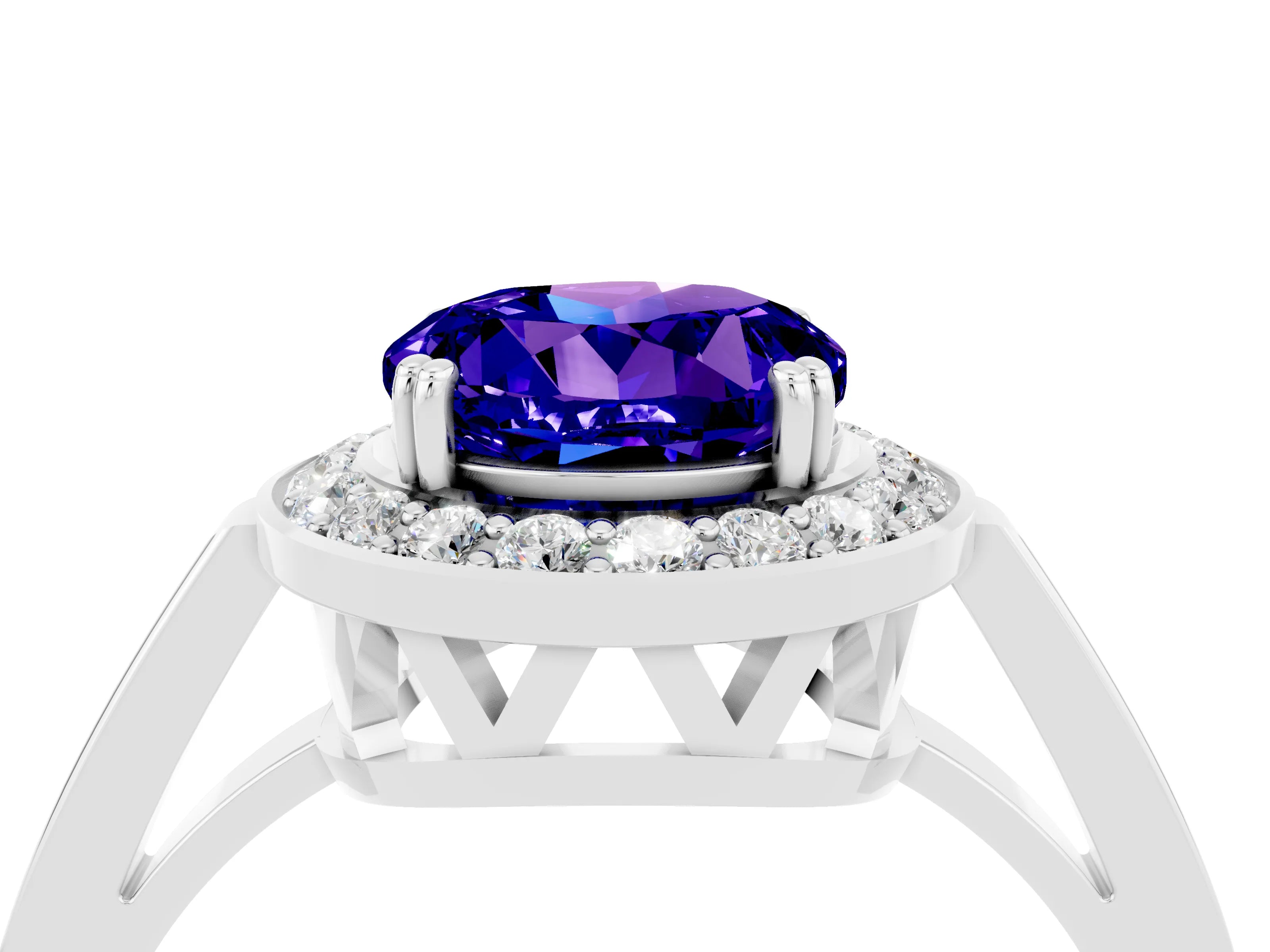 White gold Round Cut Tanzanite Halo Ring with Split Shank and Four-Prong Setting_16
