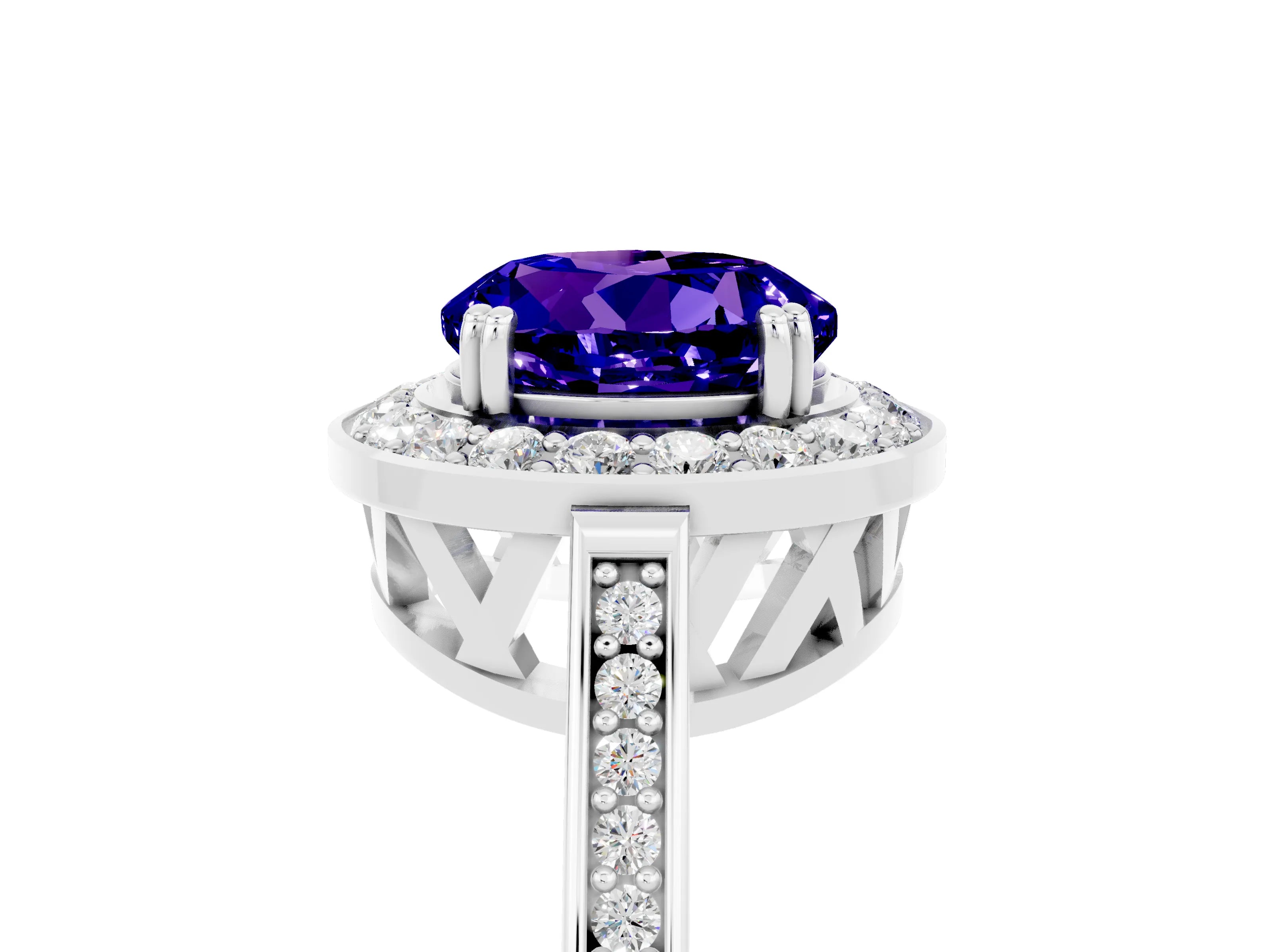 White gold Round Cut Tanzanite Halo Ring with Split Shank and Four-Prong Setting_17