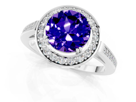 White gold Round Cut Tanzanite Halo Ring with Split Shank and Four-Prong Setting_1