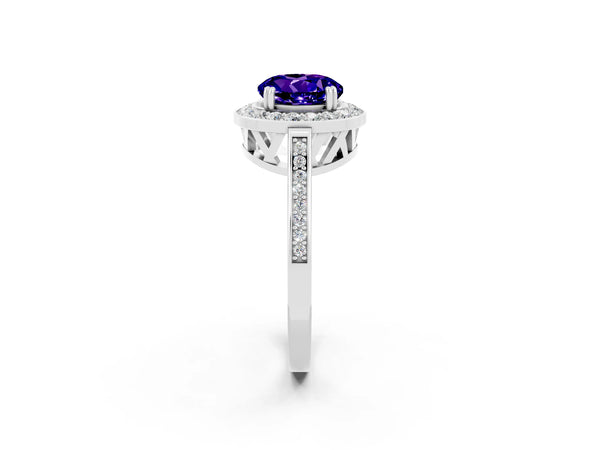 Silver Round Cut Tanzanite Halo Ring with Split Shank and Four-Prong Setting