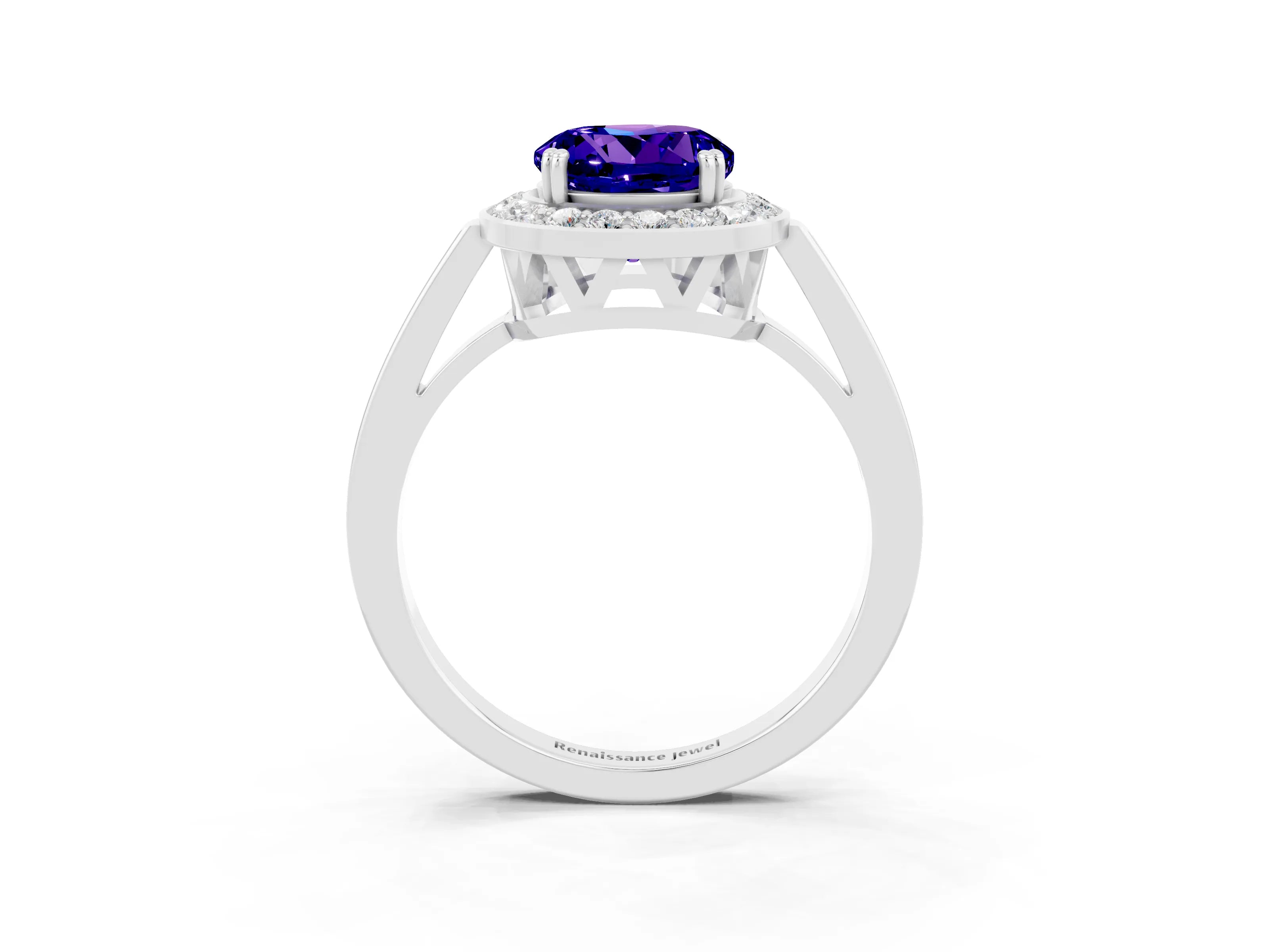 White gold Round Cut Tanzanite Halo Ring with Split Shank and Four-Prong Setting_3