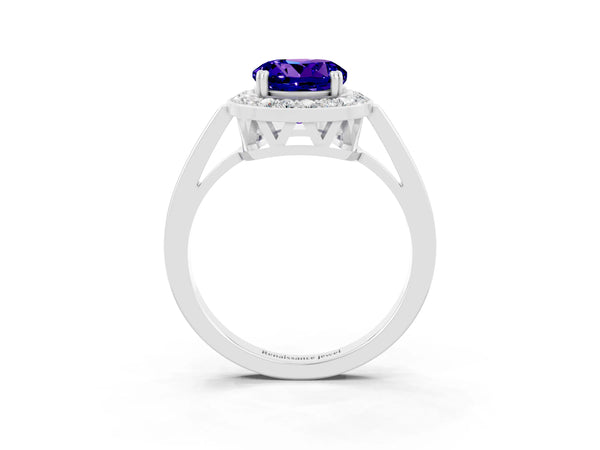 Silver Round Cut Tanzanite Halo Ring with Split Shank and Four-Prong Setting