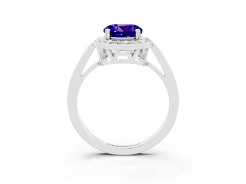 White gold Round Cut Tanzanite Halo Ring with Split Shank and Four-Prong Setting_3