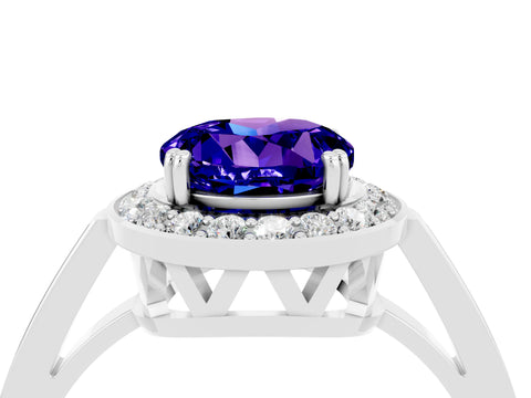 White gold Round Cut Tanzanite Halo Ring with Split Shank and Four-Prong Setting_4