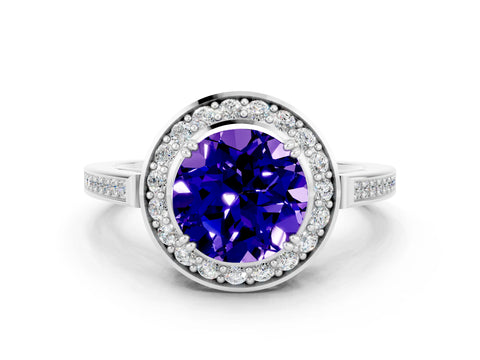 White gold Round Cut Tanzanite Halo Ring with Split Shank and Four-Prong Setting