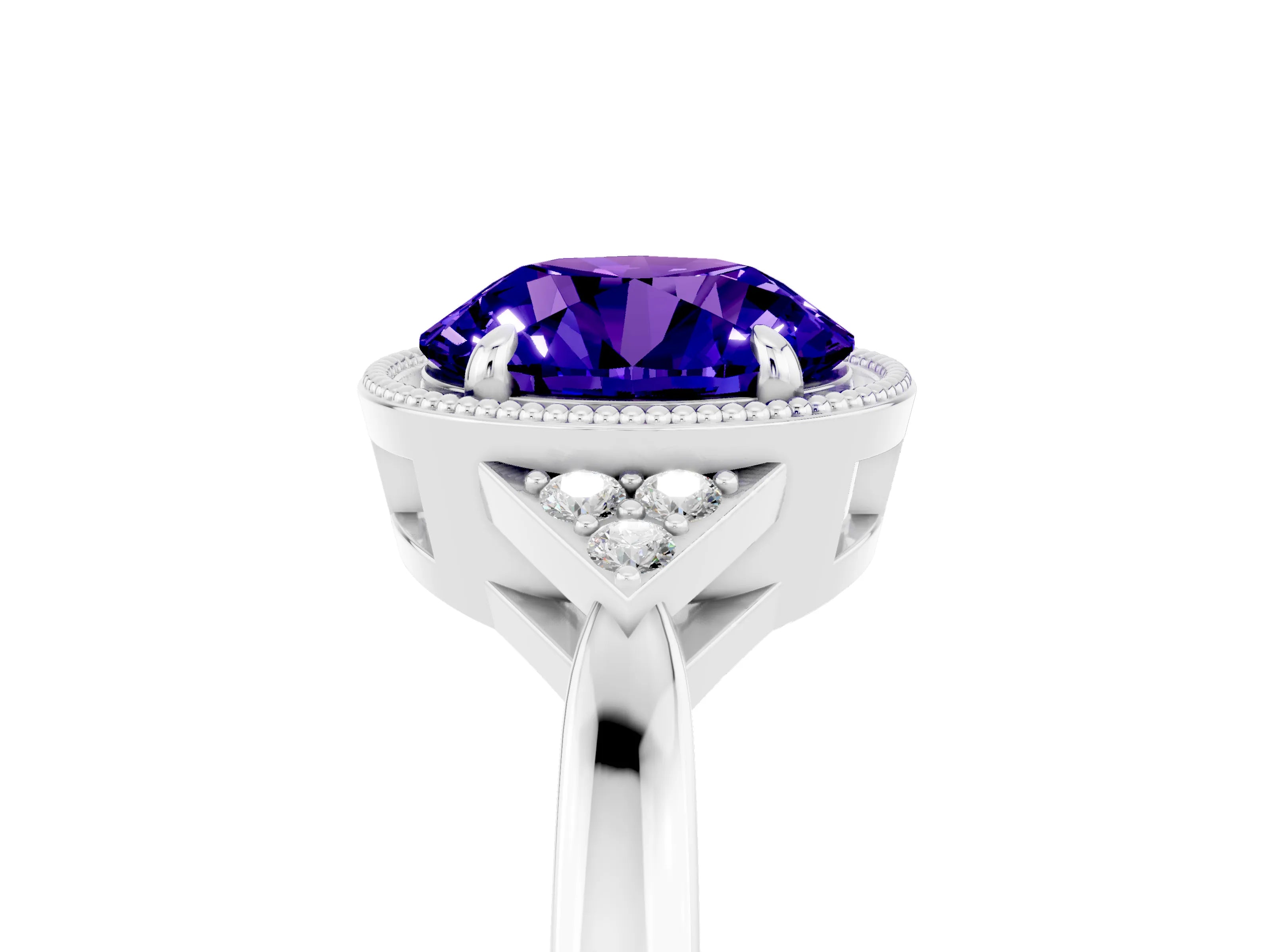 White gold Round Cut Tanzanite Halo Ring with Tapered Band and Four-Prong Setting_101
