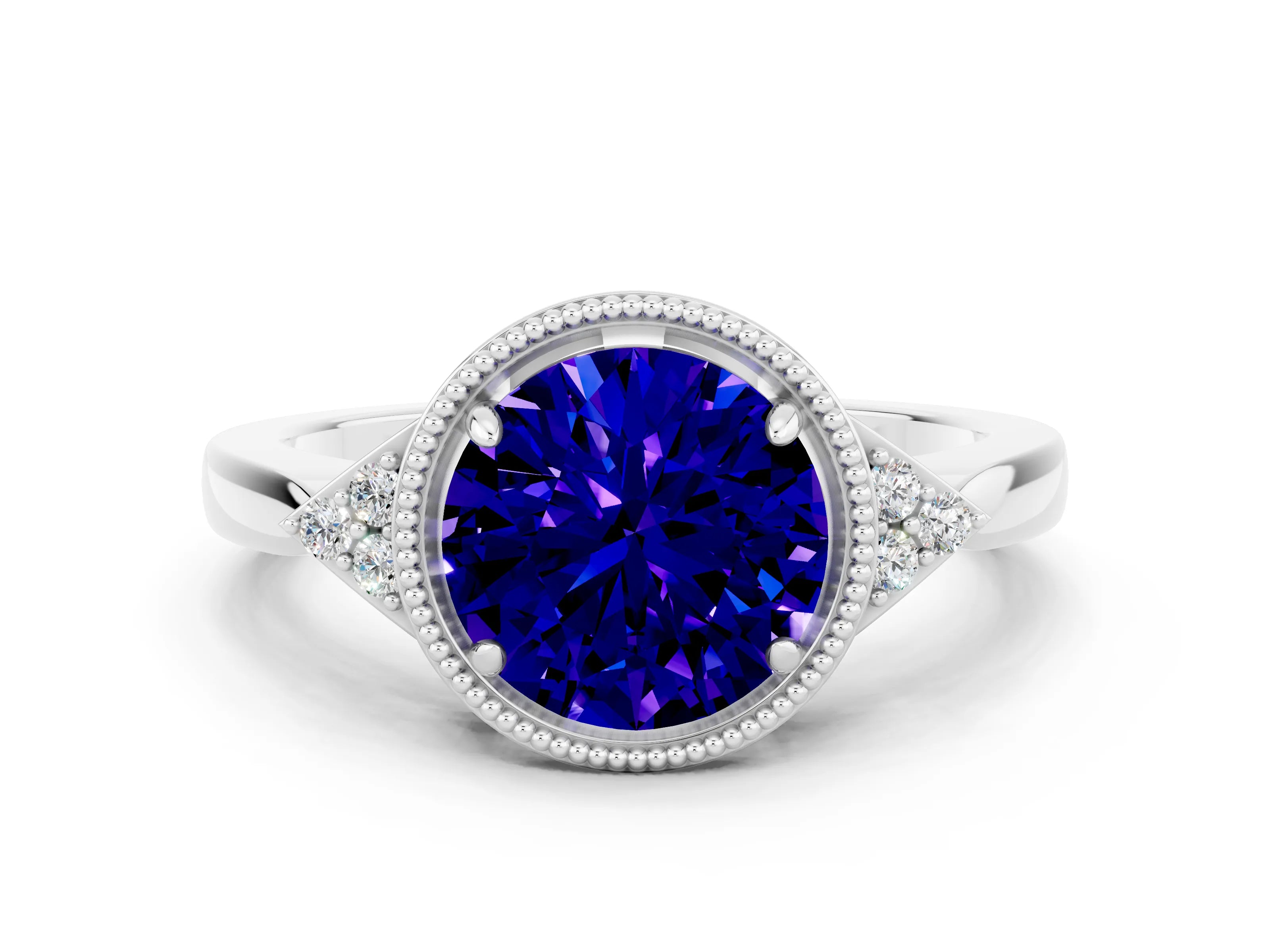 White gold Round Cut Tanzanite Halo Ring with Tapered Band and Four-Prong Setting_108
