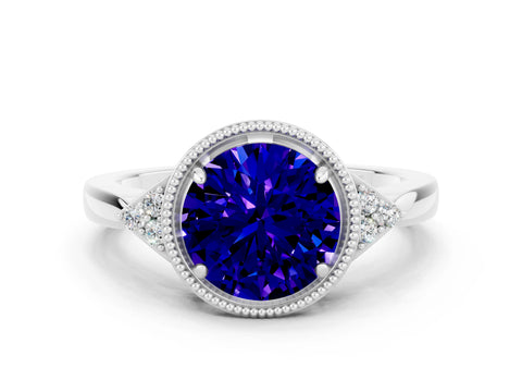 White gold Round Cut Tanzanite Halo Ring with Tapered Band and Four-Prong Setting_108