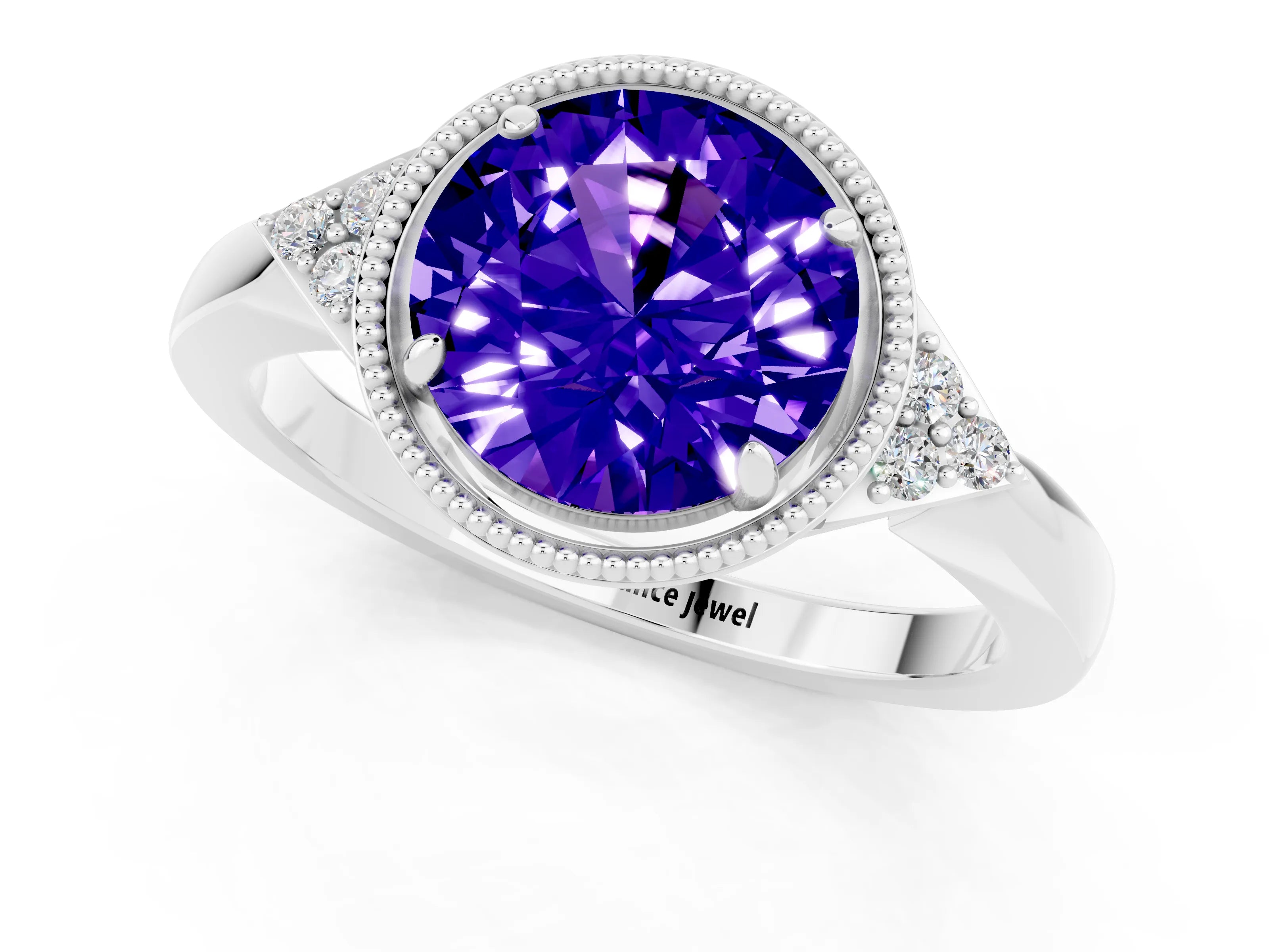 White gold Round Cut Tanzanite Halo Ring with Tapered Band and Four-Prong Setting_109