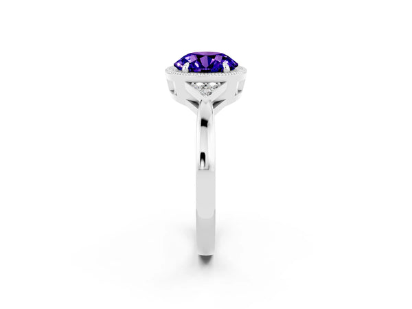 White gold Round Cut Tanzanite Halo Ring with Tapered Band and Four-Prong Setting