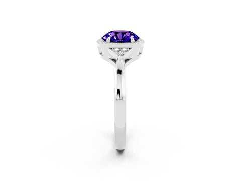 White gold Round Cut Tanzanite Halo Ring with Tapered Band and Four-Prong Setting_110