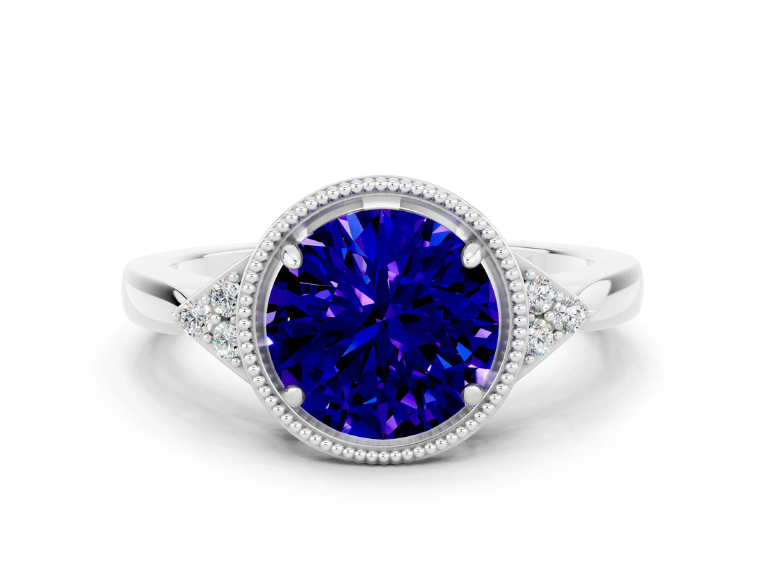 White gold Round Cut Tanzanite Halo Ring with Tapered Band and Four-Prong Setting_48